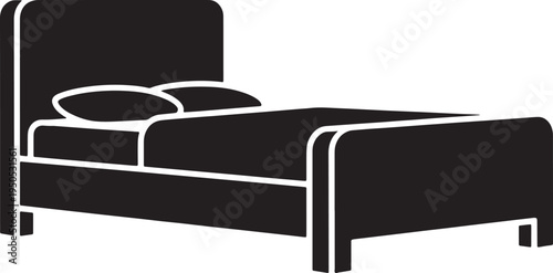 Simple black and white illustration of a bed with pillows  furniture icon