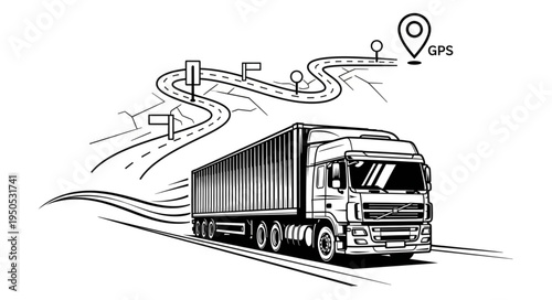 Truck navigating a winding road with GPS guidance illustration.