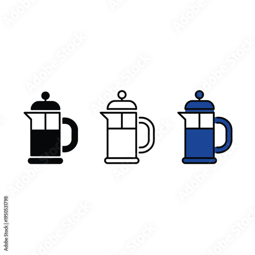 Three french press icons displayed in black white and blue color variations