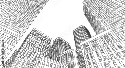 Architectural Perspective - Skyscrapers Reaching for the Sky in Detailed Line Art.