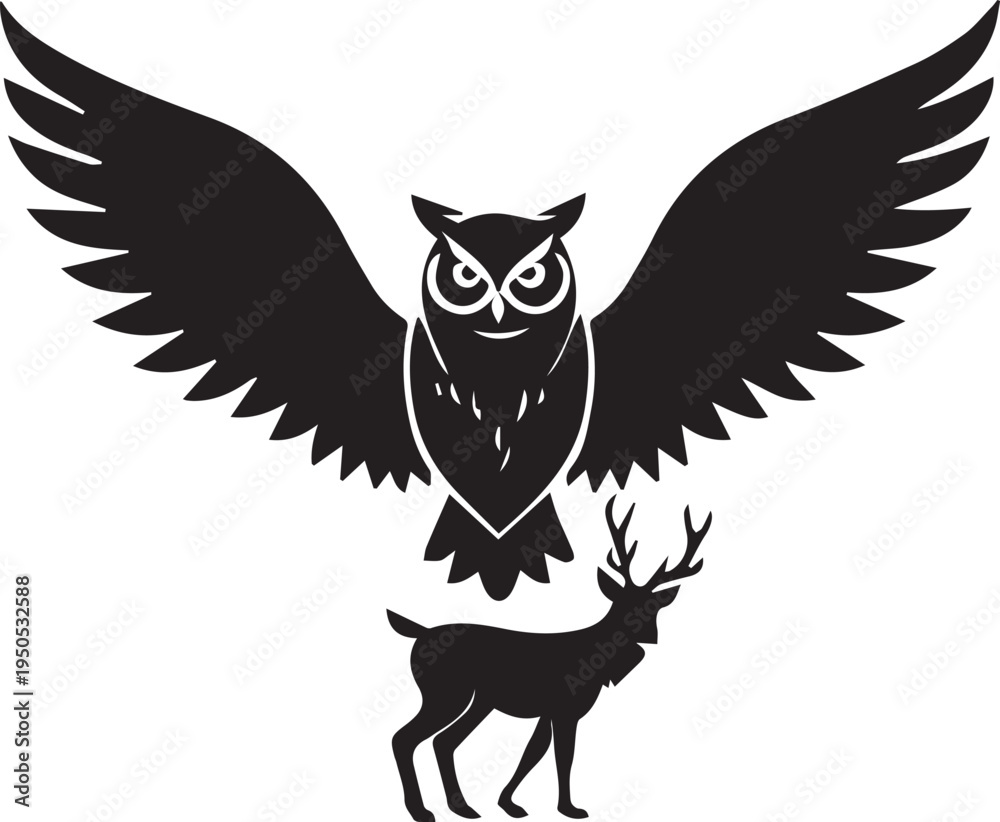 Fototapeta premium Animals set owl with Deer black silhouette