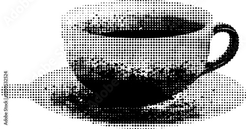 Vintage halftone neon coffee cup sign in black and white for retro design