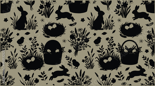 Easter pattern with black silhouettes of rabbits birds eggs baskets and flowers on beige background for holiday decoration and design