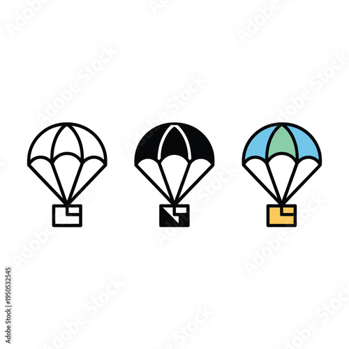 Three colorful parachute icons depicting delivery or airborne packages high quality