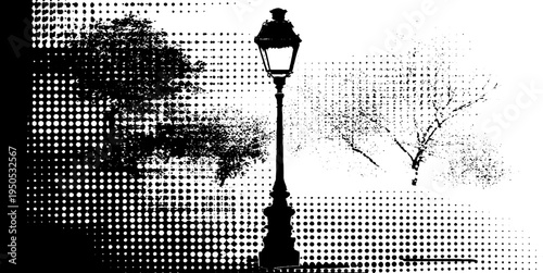 Urban street lamp in city light with black and white halftone effect for vintage design