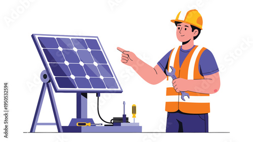 Solar Panel Technician at Work: An enthusiastic technician meticulously inspects a solar panel, embodying the essence of green energy and technological advancement.