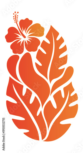 Vibrant orange hibiscus flower and tropical leaves in a stylized graphic design