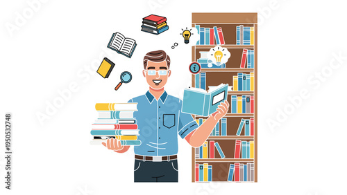 The Joy of Learning: A cheerful scholar surrounded by books and ideas, a vivid illustration symbolizing knowledge, insight, and the pursuit of wisdom.