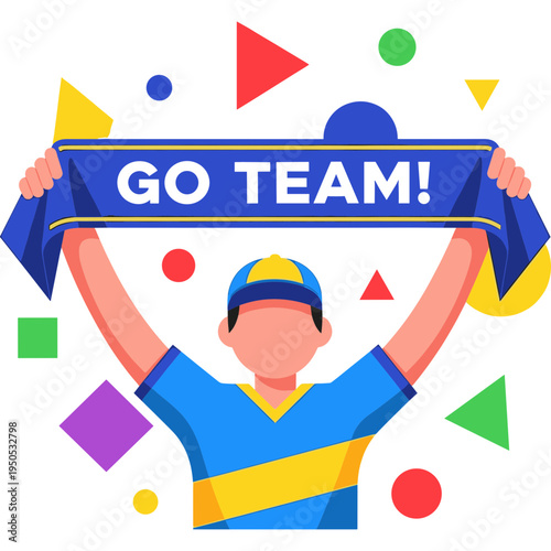 Person holding colorful banner with geometric shapes around