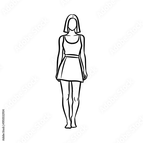 Faceless woman in short dress and sleeveless top standing alone in minimalist black line art style