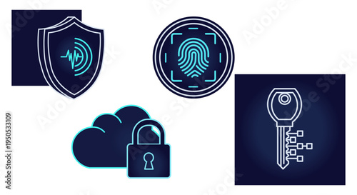 Digital security icons: fingerprint, shield, cloud lock, and data key