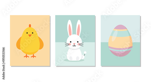 Cute Easter chick, bunny, and striped egg illustrations in pastel colors