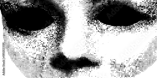 Tribal mask art with carved halftone design in black and white