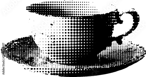 Vintage tea cup with handle in black and white halftone style for retro design