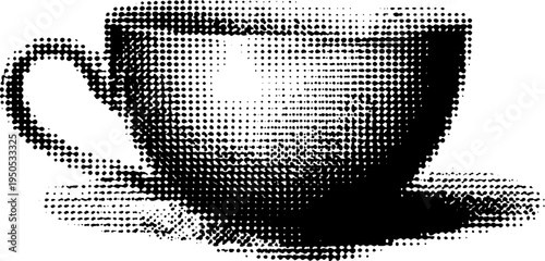 Vintage tea cup in black and white halftone for retro design and decor