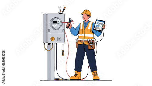 Electrical Worker Checking Meter: An electrician in a safety vest meticulously inspects a utility meter, highlighting his dedication to precise work and reliable service. 