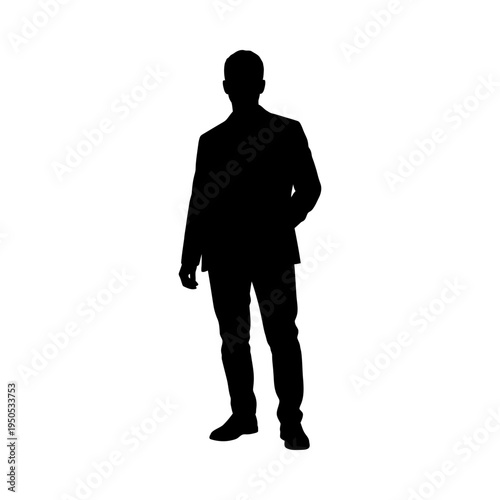 Silhouette of a man in a suit standing with one hand on hip against a white background representing business professionalism and anonymity