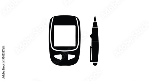 A simple black and white graphic depicts a glucose meter and a lancet essential tools for diabetes management and testing