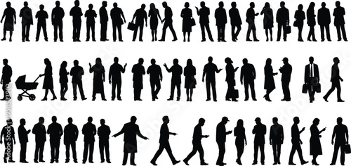 Walking and standing people silhouettes collection, business and casual crowd set, vector illustration