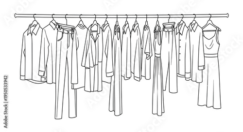 A minimalist line drawing depicts a clothing rack filled with various garments including shirts pants and dresses high quality