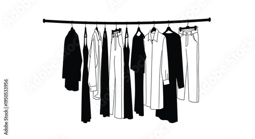 A minimalist black and white illustration depicts a clothing rack filled with various garments and accessories high quality professional detailed modern