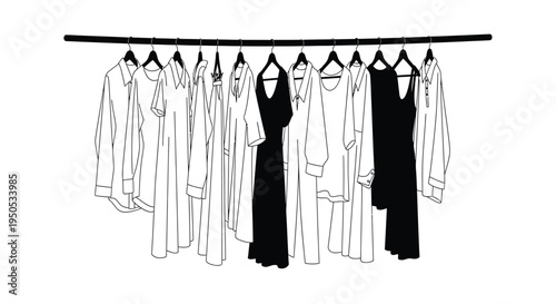 A simple black and white line drawing depicts a clothing rack filled with various dresses and garments high quality