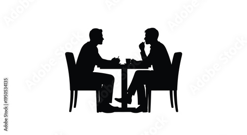 A stark silhouette depicts two men seated at a table seemingly engaged in conversation or a meal high quality