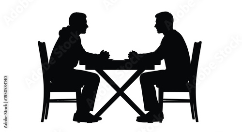 A stark silhouette depicts two individuals seated across a table seemingly engaged in a serious conversation or negotiation
