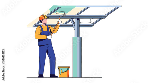 Solar Panel Painter: A dedicated worker meticulously paints a solar panel with precision, symbolizing the synergy between human innovation and clean energy within the field of renewable resources.