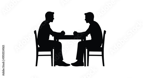 A stark silhouette depicts two men seated at a table facing each other in a shadowed discussion high quality