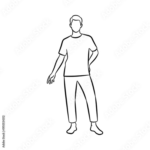 Man standing with one hand on hip and the other extended simple black line drawing on white background