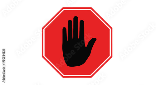 A vibrant red octagonal stop sign features a stark black silhouette of an open hand signaling halt high quality