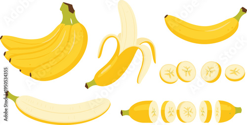 Banana fruit set with bunch, peeled banana and slices. Fresh tropical fruit illustration collection for smoothie ingredients, healthy breakfast, organic food and nutrition design.