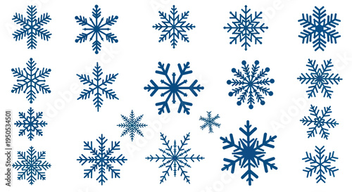 Collection of Blue Snowflakes on White Background - Winter Icons