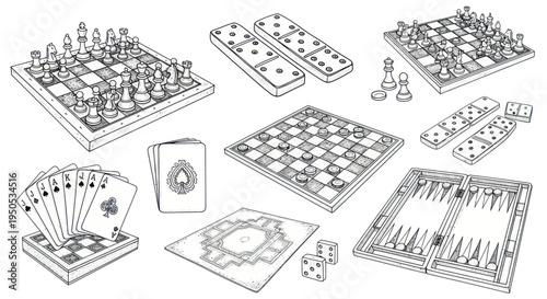 Collection of classic board games and card games, hand-drawn illustration