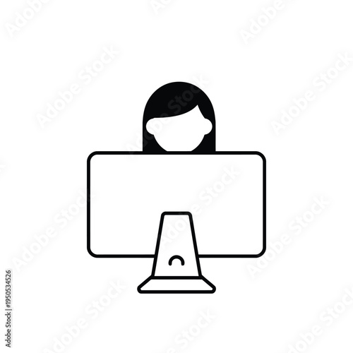 Minimalist vector icon of a woman working at a desktop computer