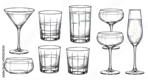 Collection of Hand-Drawn Cocktail and Drinking Glasses on White Background