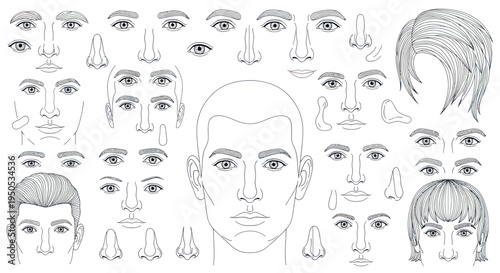 Collection of Man's Facial Features: Eyes, Noses, Mouths, and Hairstyles