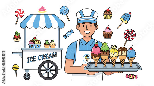 Sweet Treats Vendor: A cheerful ice cream vendor proudly presents an array of colorful ice cream cones and delightful treats. His mobile ice cream cart, filled with delectable sweets.