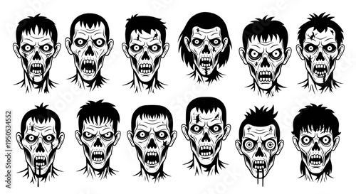 Collection of Zombie Heads, Horror Characters, Monster Faces, Scary Halloween Icons