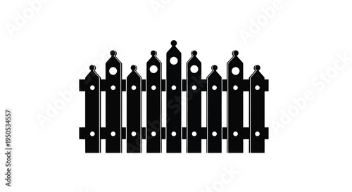 A stark black and white illustration depicts a section of a wooden picket fence with regularly spaced posts high quality professional