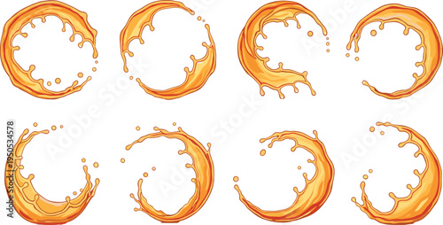 Orange juice splash rings set. Fresh citrus liquid splashes forming round frames and dynamic drops. Juicy drink splash elements for beverage ads, packaging and summer designs.