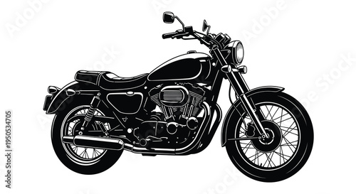 A detailed black and white illustration depicts a classic motorcycle showcasing its engine wheels and curved design high quality