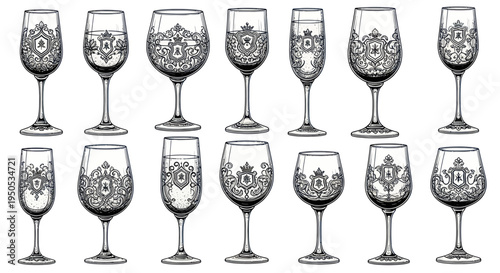 Elegant Wine Glasses Collection: Ornate Etched Designs on Clear Crystal