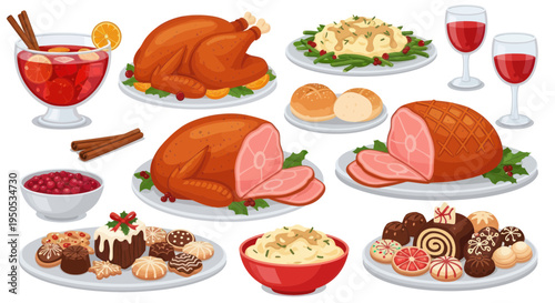 Festive Holiday Feast: Roasted Turkey, Ham, Desserts, and Drinks