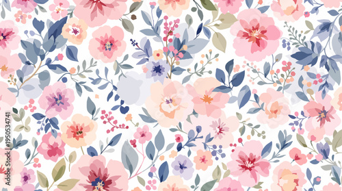 Romantic floral arrangement with soft pink petals and sage green leaves in a seamless artistic pattern