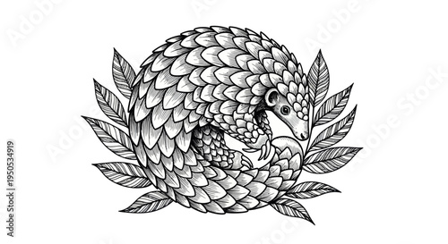 Hand-drawn pangolin curled up with leaves in black and white sketch style.