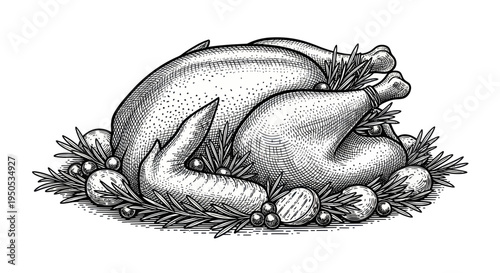 Hand-drawn Roasted Chicken or Turkey with Rosemary and Berries, Vintage Style