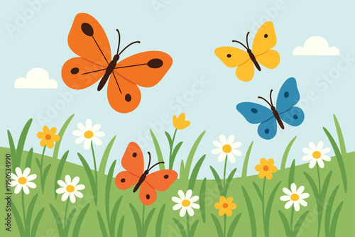 A vibrant illustration of four colorful butterflies fluttering over a field of green grass and wildflowers under a clear blue sky with fluffy white clouds.