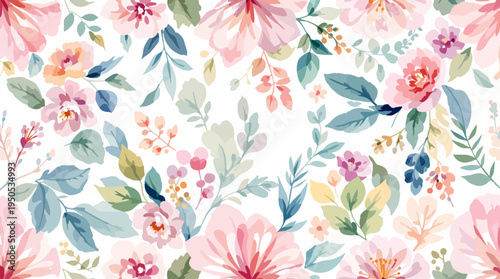Elegant watercolor flowers scattered across a white background with dreamy pastel tones and natural organic flow